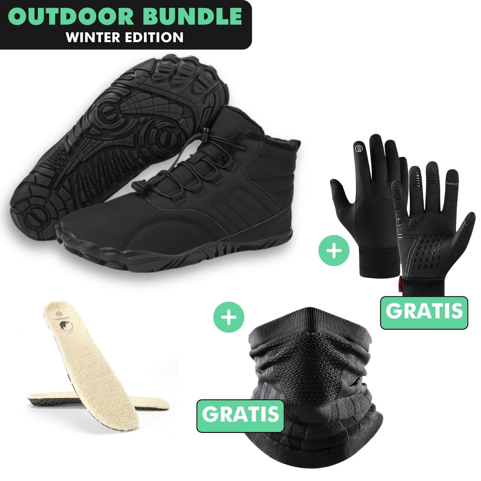 OUTDOOR-BUNDLE: Winter-Barfußschuhe + Fleece Einlegesohlen + GRATIS Thermo Handschuhe + GRATIS Thermo Halstuch